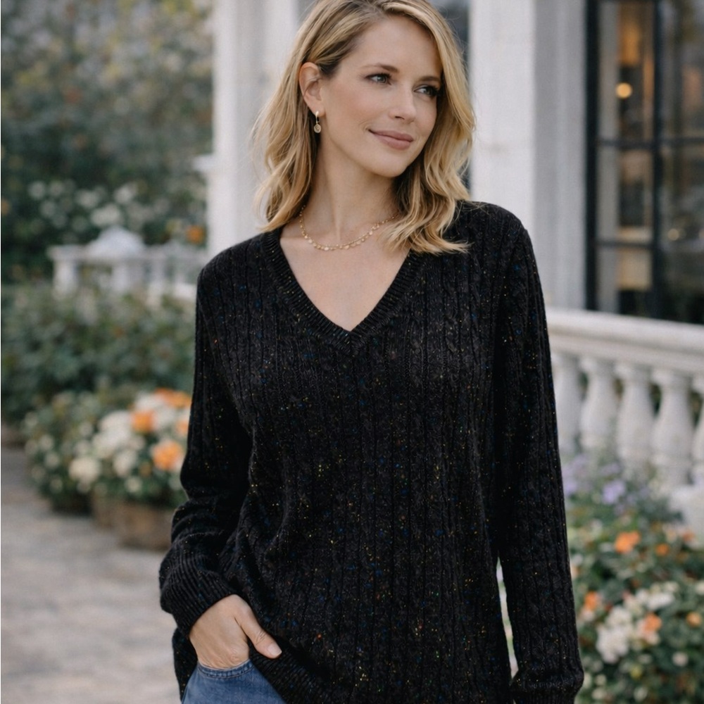 Kim Rogers Black Cable Knit Sweater Confetti Speckled Size M Cozy Academia